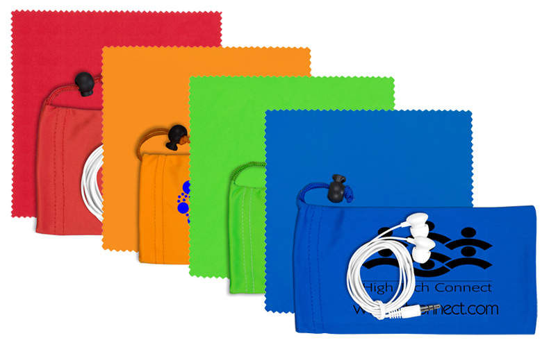 Mobile Tech Earbud Kit with Microfiber Cloth in Microfiber Cinch Pouch Components inserted into Microfiber Pouch Mobile Tech Earbud Kit with Microfiber Cloth in Microfiber Cinch Pouch Components inserted into Microfiber Pouch